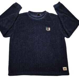 Vintage Habitat Blue Pullover Teddy Fleece Sweater Howling Wolf Medium 90's